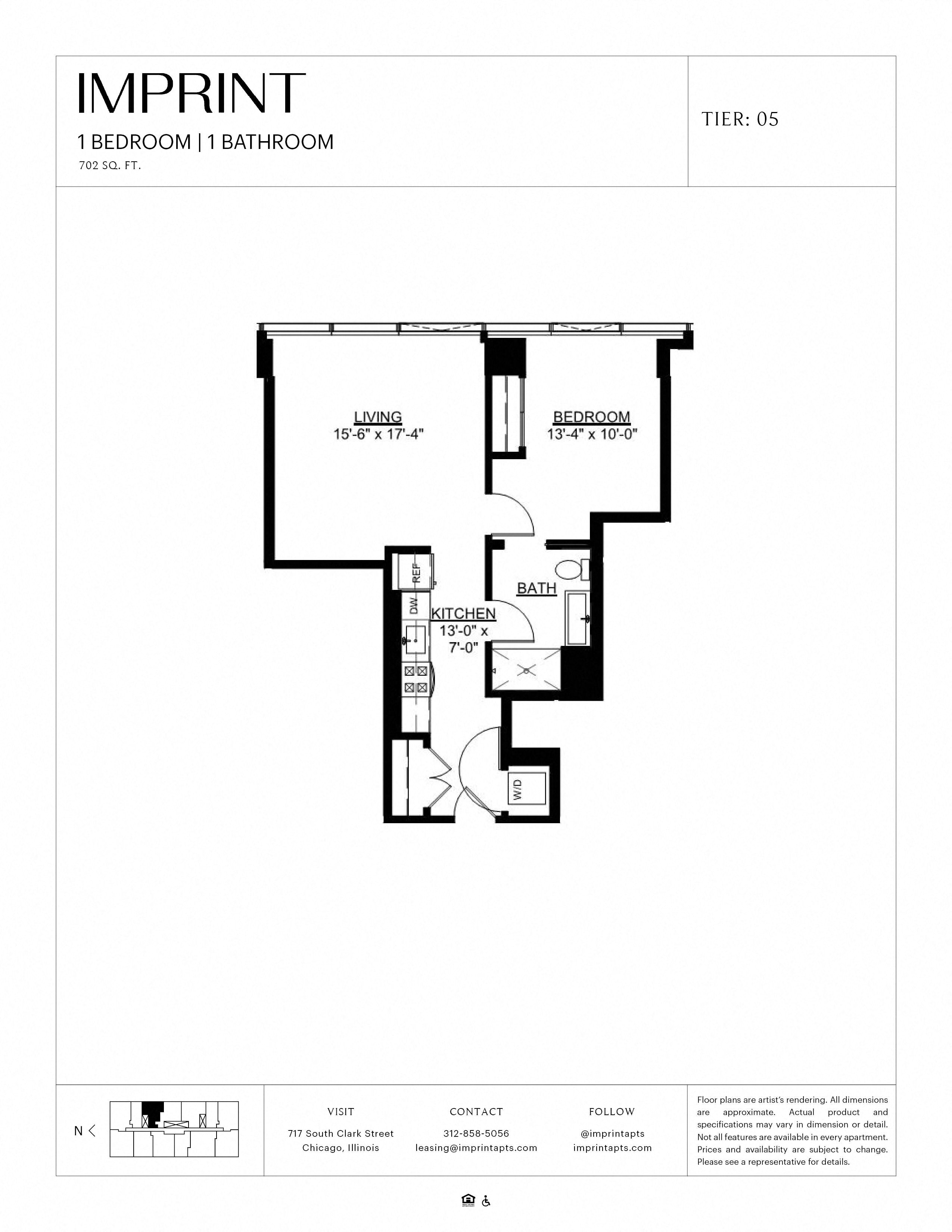Floor plan for 1 bed, 1 bath, 702 sqft
